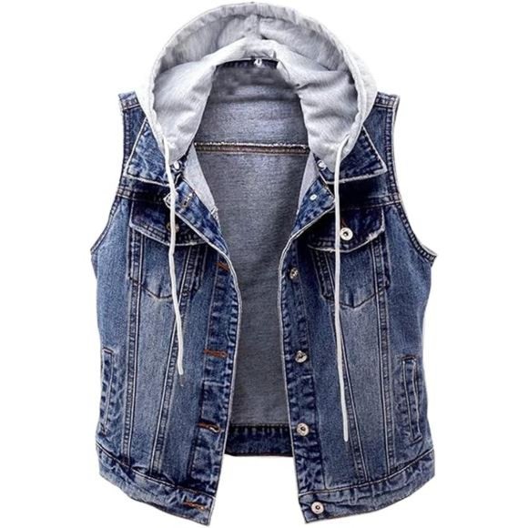 Women's Distressed Sleeveless Denim Vest with Detachable Hoodie Dark Blue